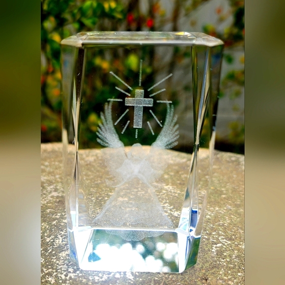 Laser Etched Glass Paper Weight-Angel With Cross 4” Tall & Heavy - Picture 2 of 6